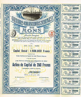 BELGIUM THE MAJOR SHIPYARDS OF MONS stock certificate 1920