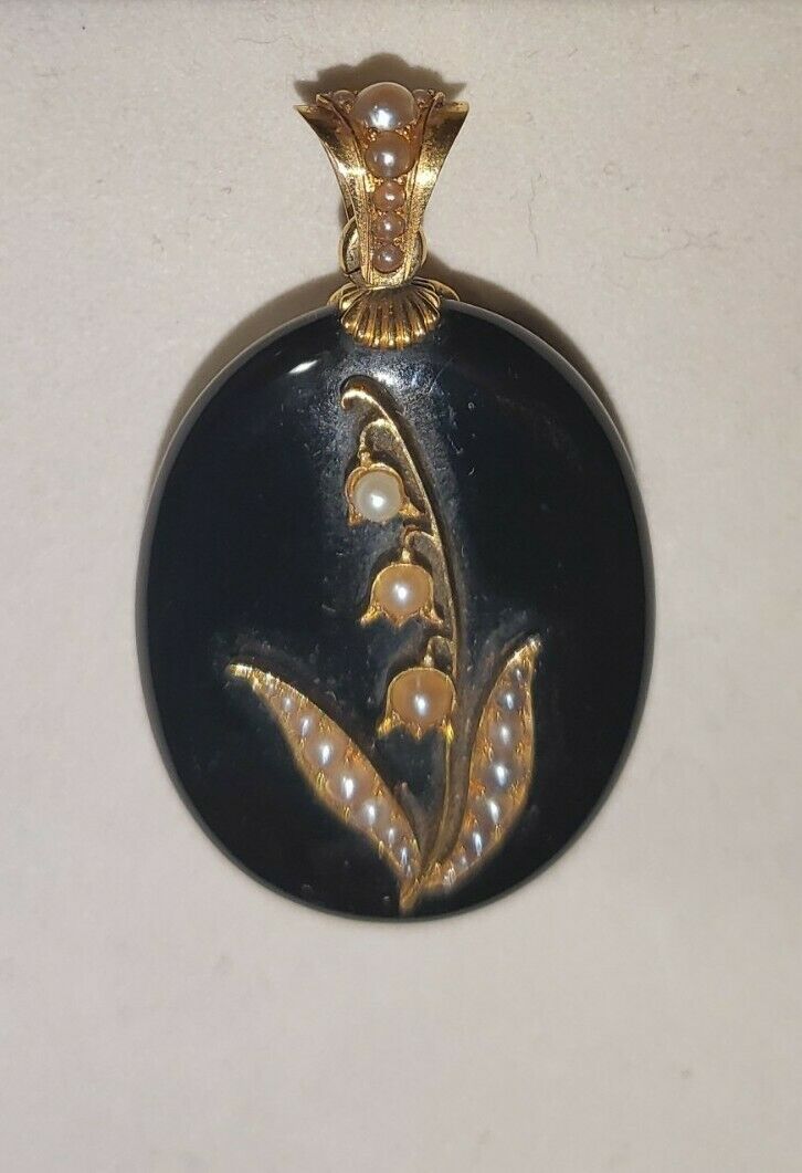 Antique Lily Of The Valley Large  Victorian Mourning Locket Onyx And Seed Pearls