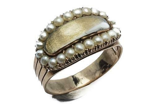 Antique Georgian Period English 9k Gold Pearl Hair Locket Mourning Ring C1800