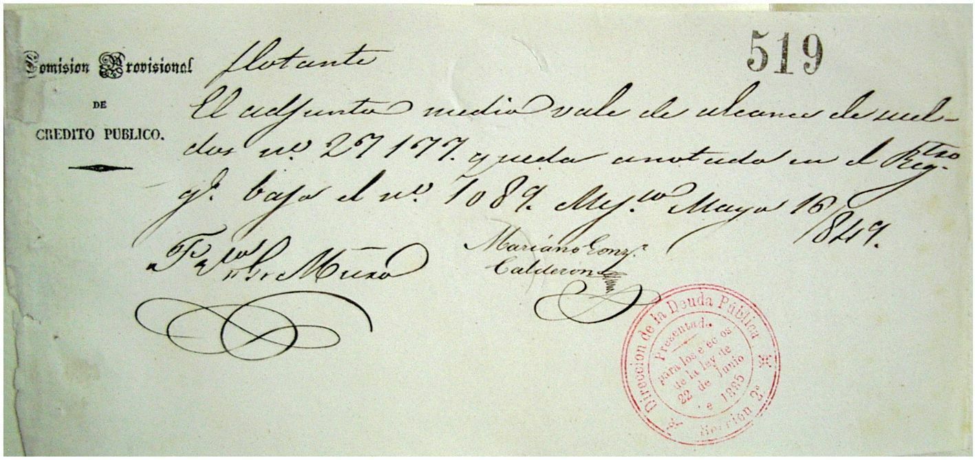 Mexico 1849 Mexican Comision Provisional Credito Publico Very Rare Bank Document