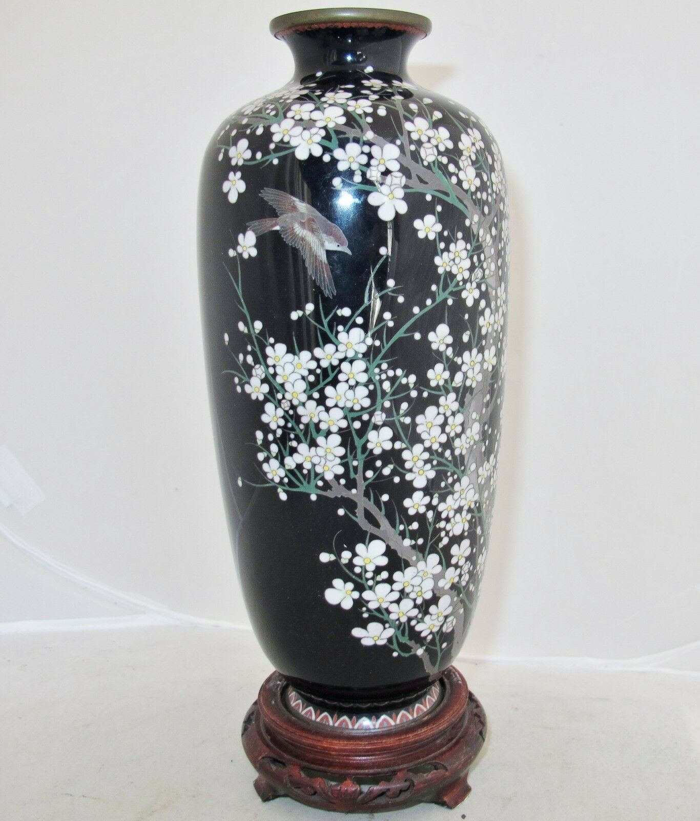 Hayashi ? Signed Antique Japanese Black Cloisonne Vase With Flowers & Bird 9.6"