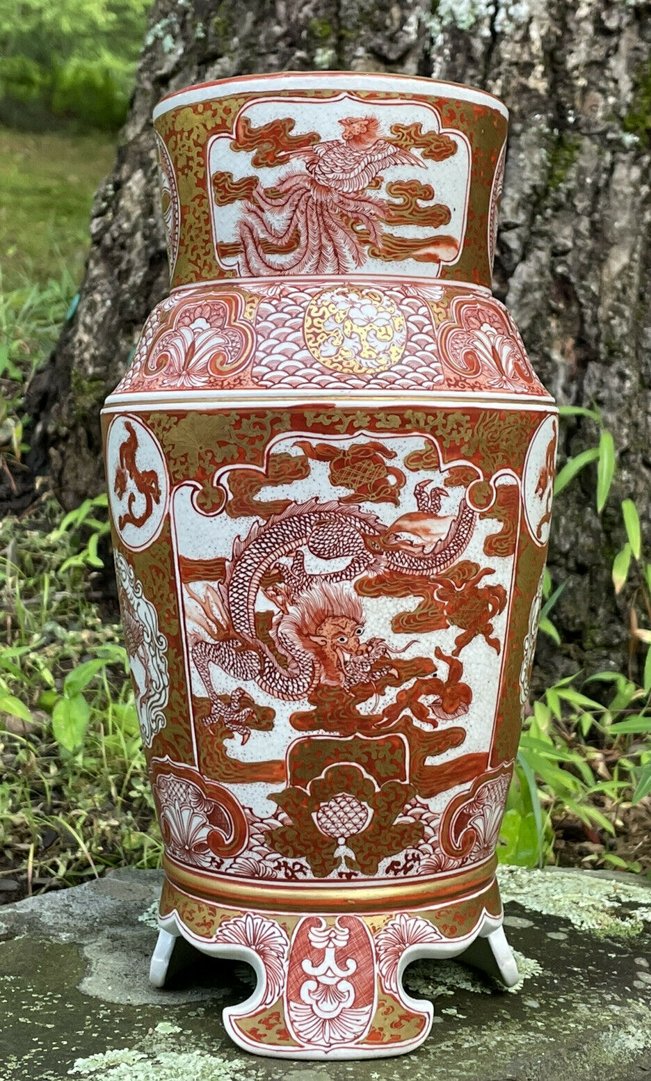 Antique Japanese Meiji Era Kutani Porcelain Dragon & Phoenix Footed Vase