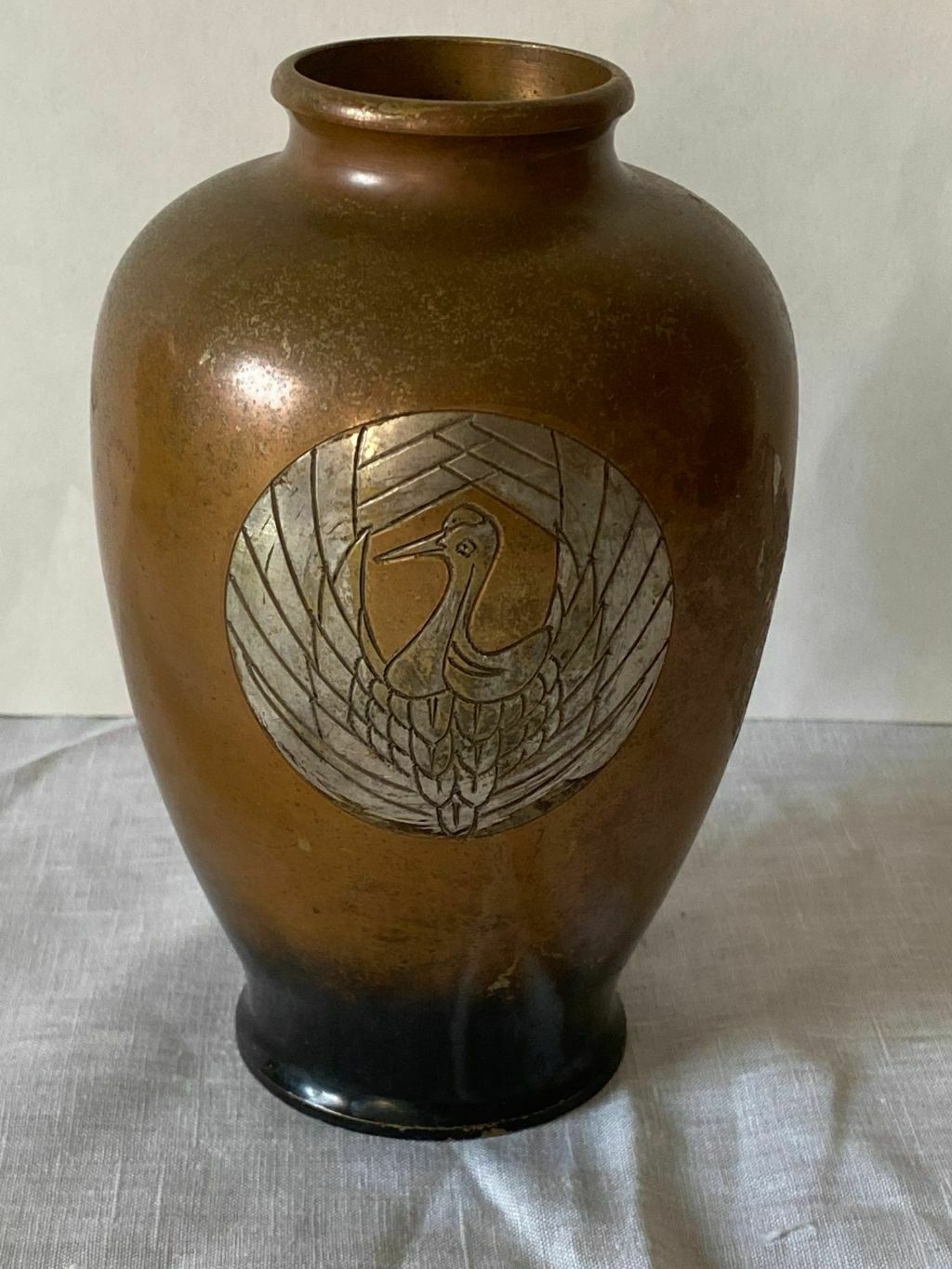 Antique Japanese Mixed Metal Vase Crane Mons Medallion Bronze Silver
