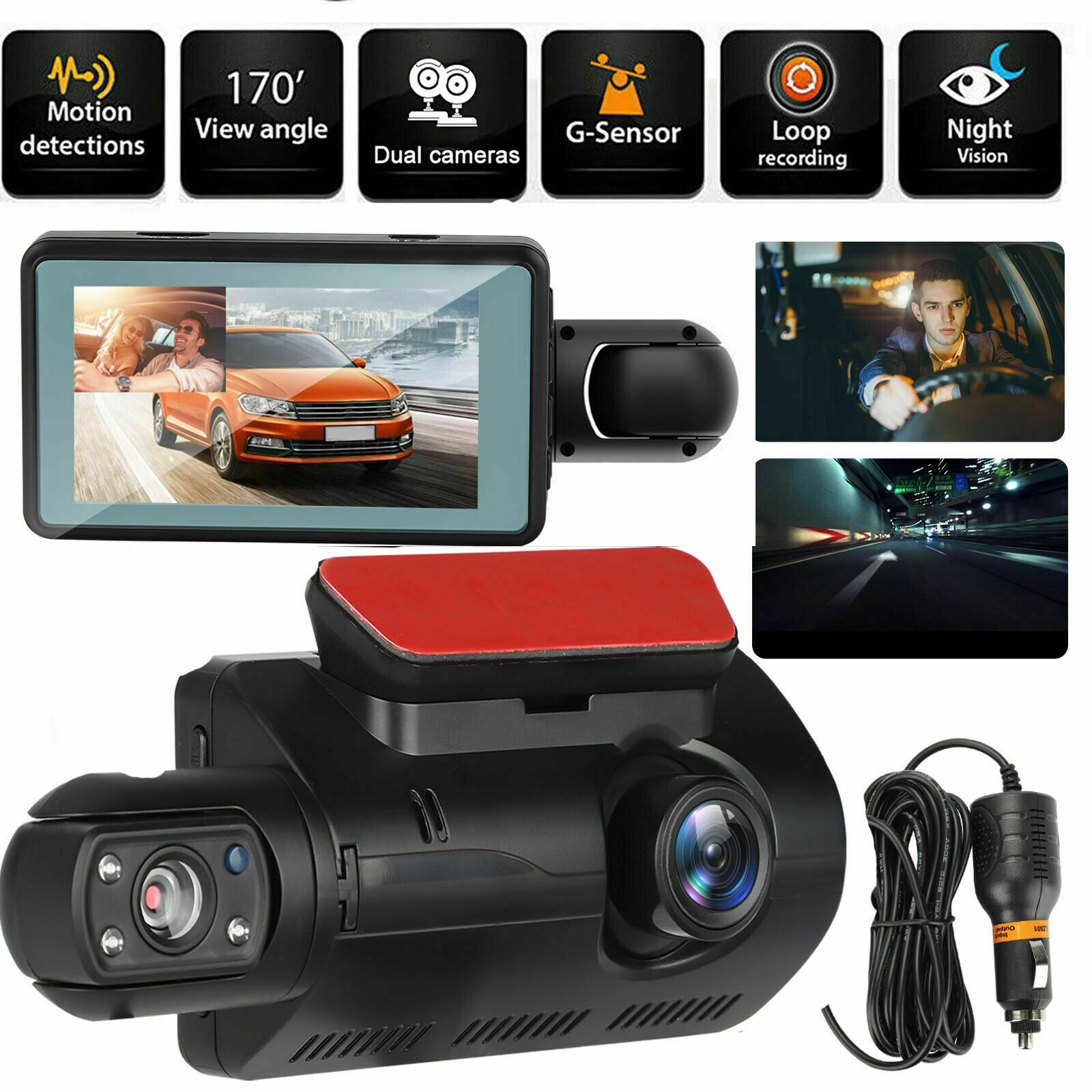 Dual Lens Car Dvr Dash Cam Video Recorder G-sensor 1080p Front And Inside Camera